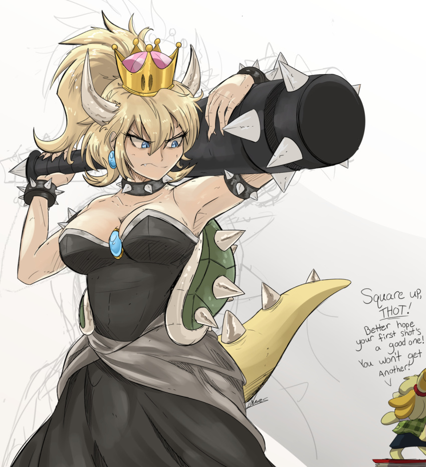 2018 5_fingers alternate_species animal_crossing animal_humanoid anthro ball_gown big_breasts blonde_hair blue_eyes bowser bowsette_meme breasts canine cleavage clothed clothing collar crossgender dog duo english_text female hair hi_res holding_object holding_weapon humanoid humanoid_focus humanoidized isabelle_(animal_crossing) koopa macro mammal mario_bros ncmares nintendo scalie shih_tzu simple_background size_difference solo_focus super_crown text tumblr_sample video_games weapon white_background