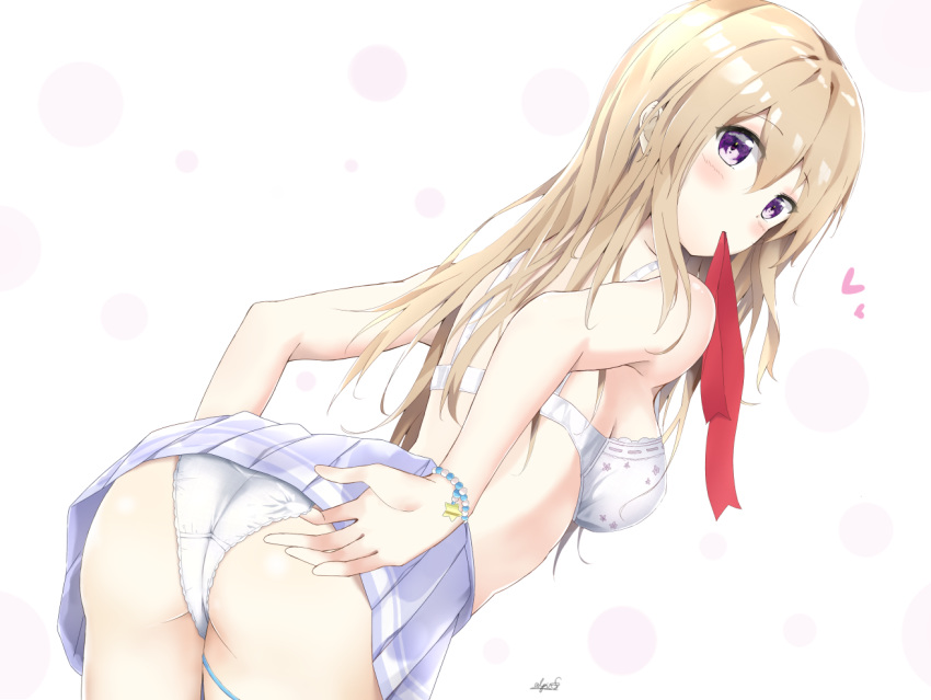 7_calpis_7 ass bead_bracelet beads blue_skirt bra bracelet commentary_request heart jewelry leaning_forward light_brown_hair long_hair looking_at_viewer midriff mouth_hold original panties purple_eyes simple_background skirt solo underwear white_bra white_panties
