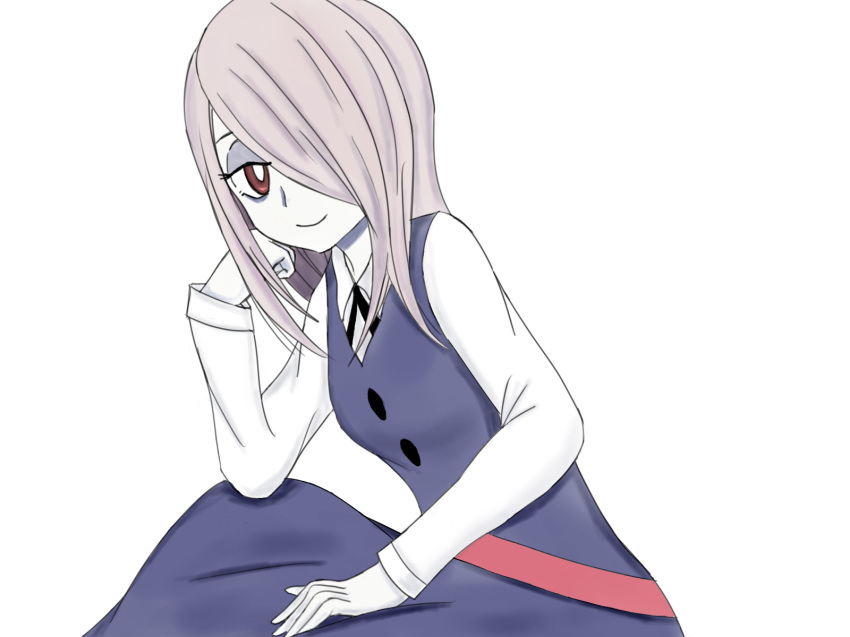 dress edo-sensei hair_over_eyes hat highres little_witch_academia long_hair long_sleeves looking_at_viewer luna_nova_school_uniform makeup pale_skin pinafore_dress purple_hair red_eyes simple_background smile solo sucy_manbavaran witch_hat