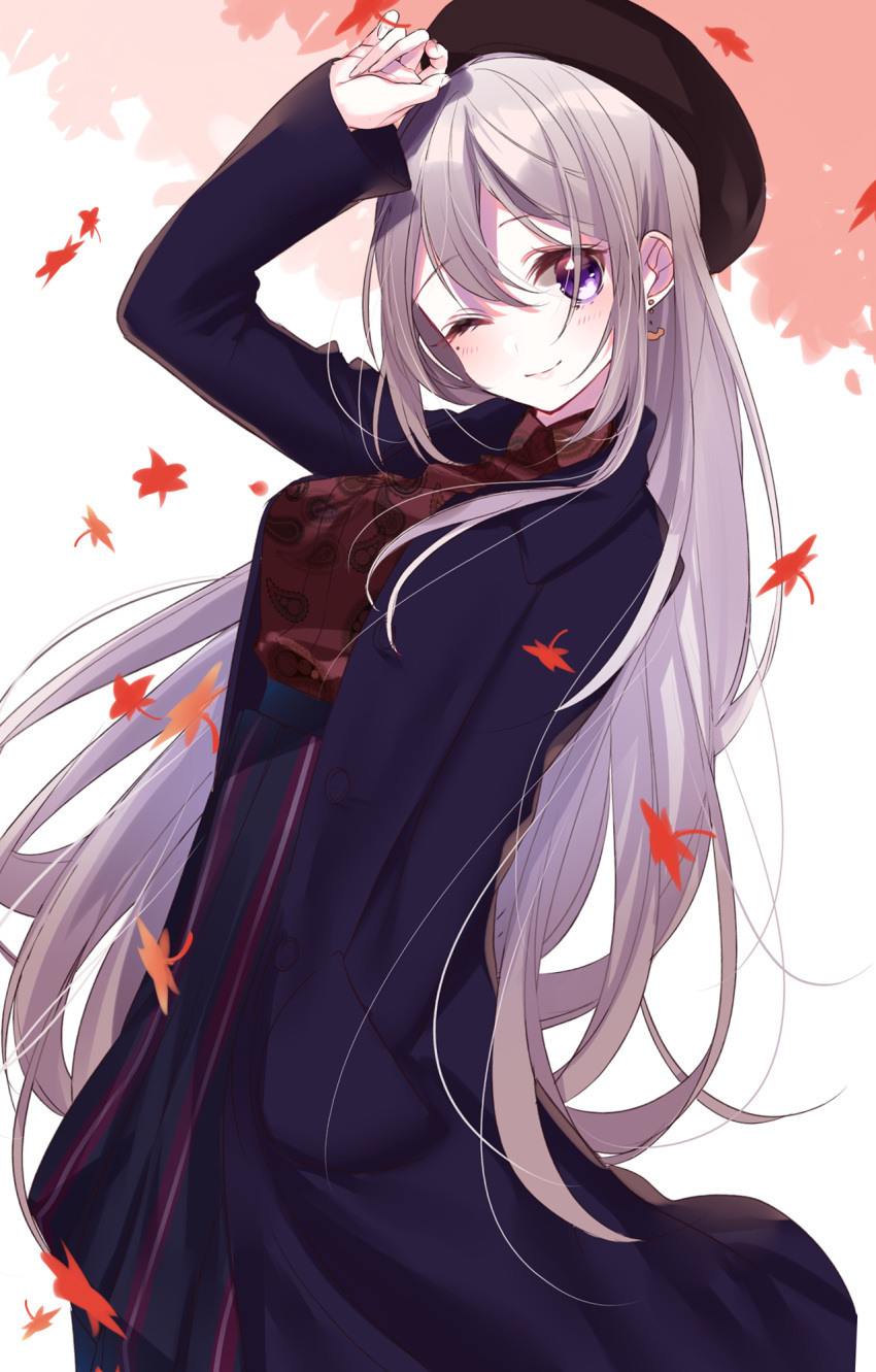 ;) arm_up autumn_leaves bangs beret blue_skirt blush breasts brown_hat brown_shirt closed_mouth coat dress_shirt earrings eyebrows_visible_through_hair grey_hair hair_between_eyes hat high-waist_skirt highres higuchi_kaede jewelry large_breasts leaf long_hair long_sleeves looking_at_viewer maple_leaf misumi_(macaroni) nijisanji one_eye_closed open_clothes open_coat paisley print_shirt purple_coat purple_eyes shirt simple_background skirt sleeves_past_wrists smile solo very_long_hair virtual_youtuber white_background