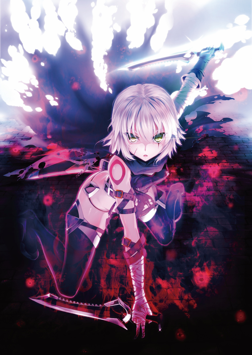 absurdres asymmetrical_gloves bandages belt black_gloves black_legwear black_panties black_scarf blood blood_splatter breasts dual_wielding facial_scar fate/apocrypha fate_(series) full_body gloves green_eyes hair_between_eyes highres holding holding_knife jack_the_ripper_(fate/apocrypha) knife looking_at_viewer midriff one_knee open_mouth panties scar scar_across_eye scar_on_cheek scarf short_hair silver_hair single_glove small_breasts solo tenten_(reliance0410) thighhighs torn_scarf underwear