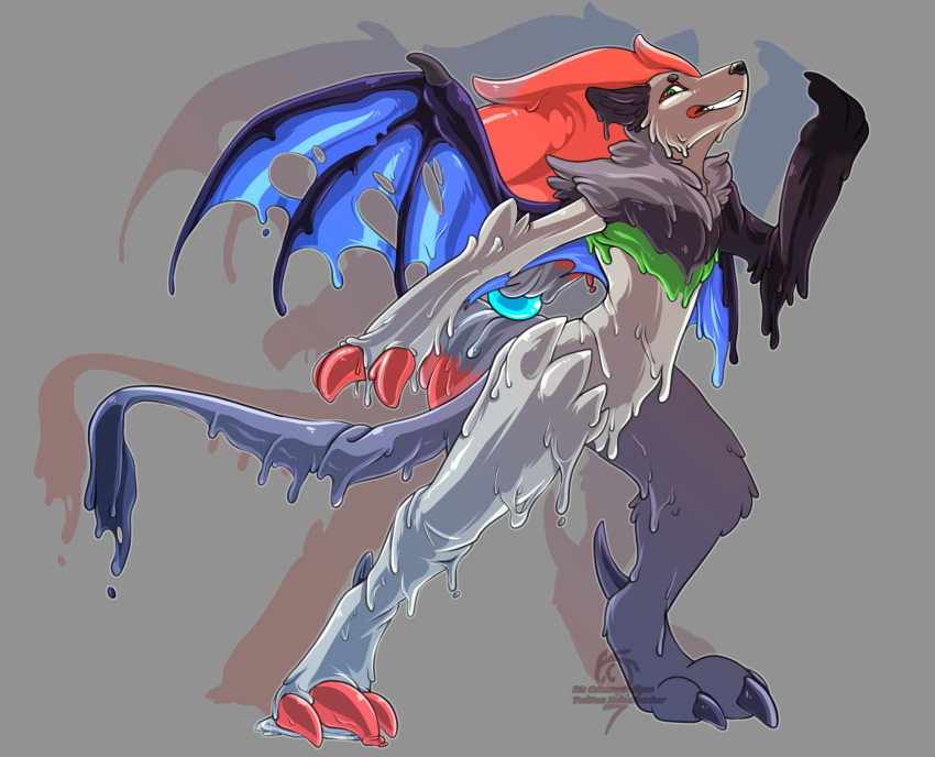 2018 3_fingers 3_toes 5_fingers anthro canine claws digital_media_(artwork) dragon dripping goo_(disambiguation) gooey hi_res hybrid kaitofletcher male mammal nintendo pok&eacute;mon pok&eacute;mon_(species) rubber simple_background smile solo toes transformation video_games voldrak wings wolf zoroark