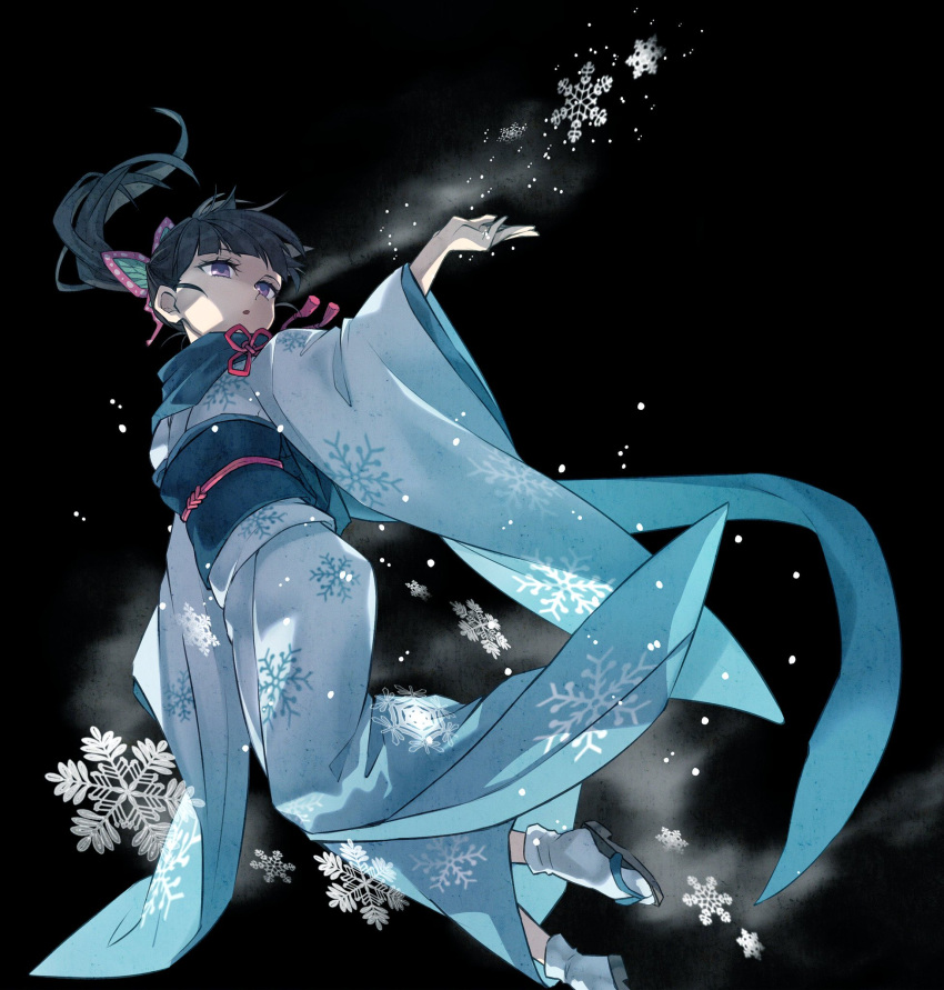 1girl black_background black_hair blowing blue_kimono blue_scarf blue_theme blunt_bangs butterfly_hair_ornament empty_eyes floating floating_hair from_below hair_ornament highres japanese_clothes kimetsu_no_yaiba kimono long_sleeves looking_away looking_to_the_side morita_yuu obi outstretched_arms plantar_flexion ponytail purple_eyes sash scarf simple_background snowflake_print snowflakes snowing socks solo tabi tassel tsuyuri_kanao white_socks wide_sleeves yuki_onna zouri