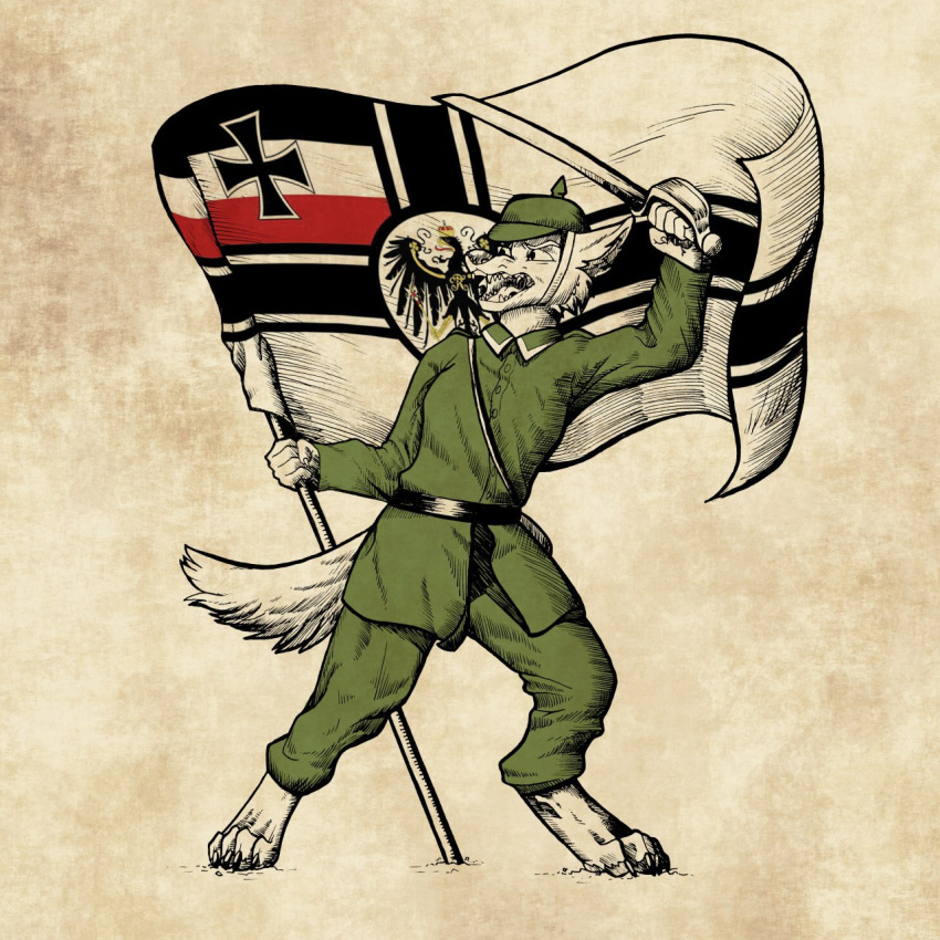 4_toes canine claws clothed clothing dog fully_clothed german_flag german_shepherd holding_flag holding_object holding_sword holding_weapon luther_(centaurialpha) male mammal melee_weapon military_uniform open_mouth simple_background soldier solo standing sword toe_claws toes uniform weapon zillionross