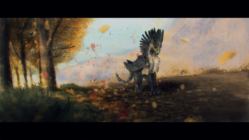 2018 4_toes ambiguous_gender autumn avian beak bird black_claws blurred_background blurred_foreground chest_tuft claws day digital_media_(artwork) falcon falcrus falcrus_(character) feathered_wings feathers feral folded_wings forest fur grass grey_beak grey_feathers grey_fur gryphon hi_res letterbox logo male mountain multicolored_feathers multicolored_fur outside path peregrine_falcon quadruped red_eyes sharp_claws sky solo stripes tail_feathers toe_claws toes tree tuft two_tone_fur walking white_feathers white_fur white_stripes wings