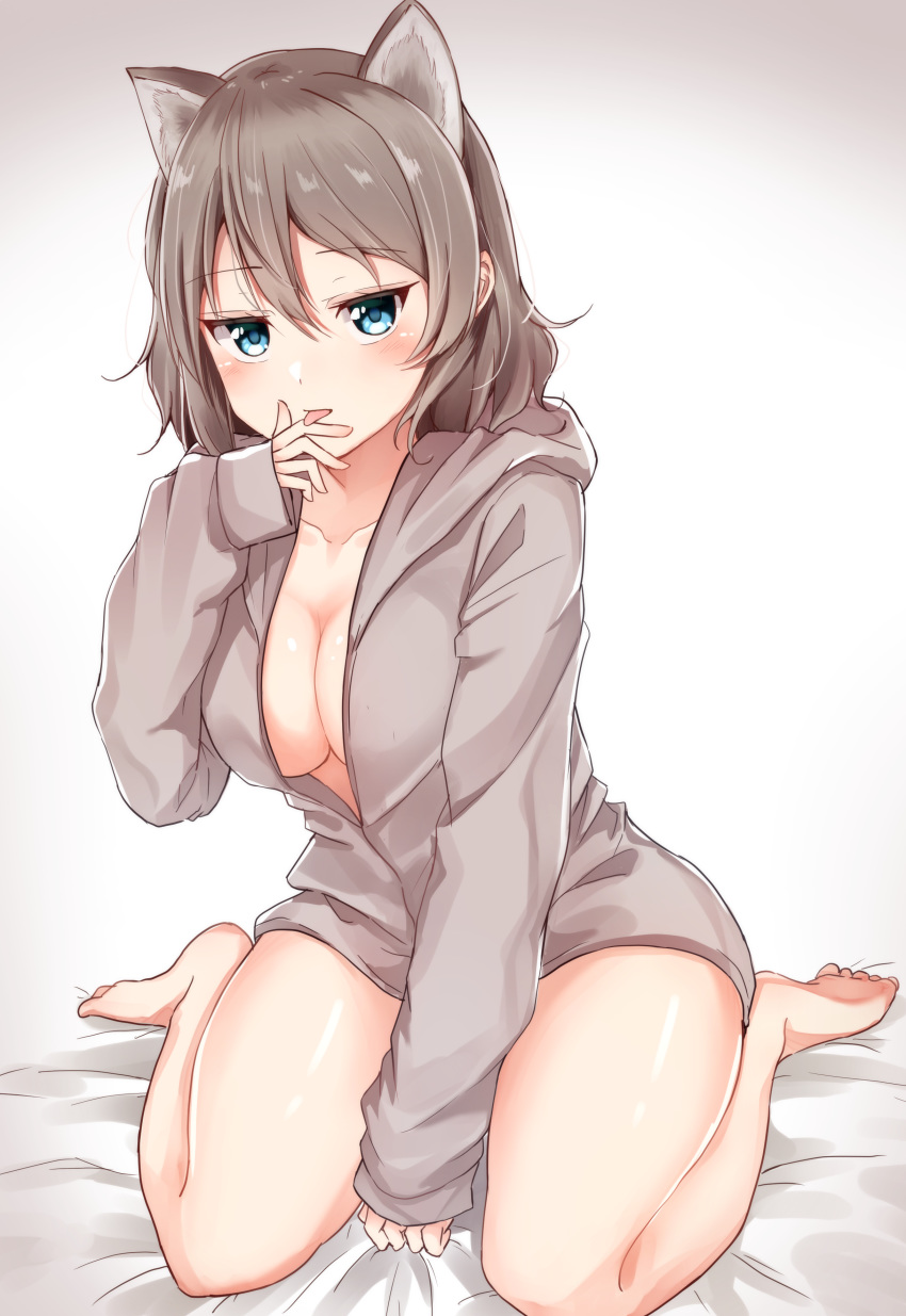 absurdres animal_ears bare_legs barefoot bed_sheet blue_eyes breasts brown_jacket commentary_request dog_ears eyebrows_visible_through_hair finger_licking hair_between_eyes highres hood hood_down hooded_track_jacket jacket kemonomimi_mode large_breasts licking light_brown_hair long_sleeves looking_at_viewer love_live! love_live!_sunshine!! shiny shiny_skin short_hair sitting sleeves_past_wrists sonoko_neko thighs track_jacket watanabe_you