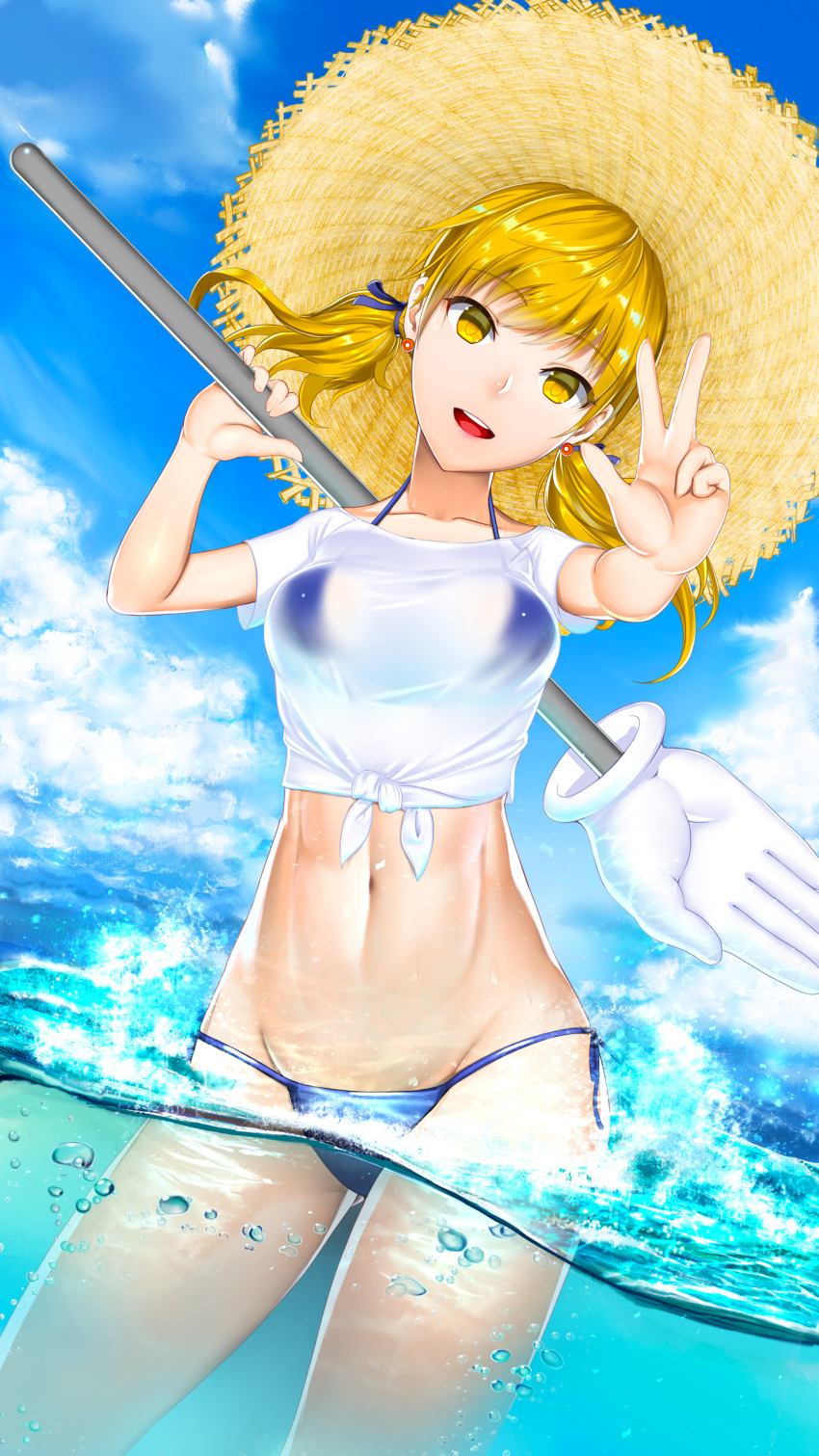 1q_(madoromi_minority) absurdres blonde_hair blue_ribbon breasts commentary_request earrings giant_hand groin hair_ribbon happy hat highres jewelry long_hair looking_at_viewer medium_breasts navel ocean open_mouth ribbon smile solo star_ocean star_ocean_anamnesis star_ocean_till_the_end_of_time swimsuit teeth twintails welch_vineyard yellow_eyes