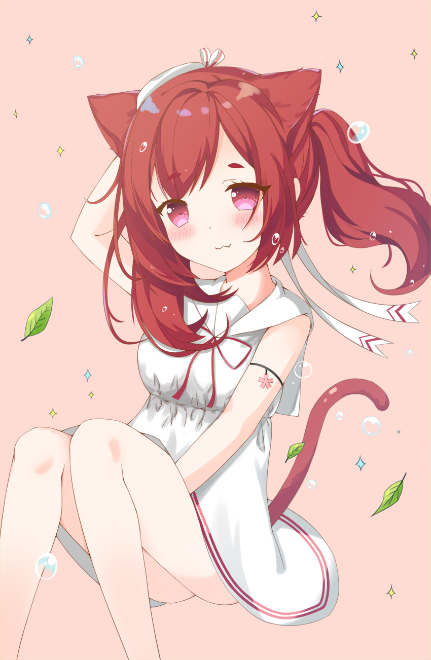 :3 absurdres animal_ears arm_up ass azur_lane bangs bare_arms bare_shoulders blush bow breasts brown_background bubble cat_ears cat_girl cat_tail closed_mouth commentary_request dress eyebrows_visible_through_hair fang fang_out feet_out_of_frame hat head_tilt highres i-19_(azur_lane) liang_feng_qui_ye long_hair looking_at_viewer mini_hat purple_eyes red_hair revision sailor_dress simple_background sleeveless sleeveless_dress small_breasts solo sparkle striped striped_bow tail tail_raised tilted_headwear twintails white_bow white_dress