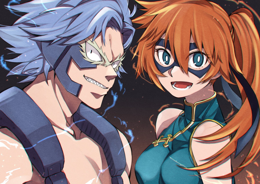 1girl blue_eyes boku_no_hero_academia china_dress chinese_clothes chromatic_aberration commentary_request domino_mask dress fiery_hair gold_trim green_dress highres kamekiti kendou_itsuka long_hair looking_at_viewer mask orange_hair sanpaku sharp_teeth side_ponytail silver_hair sleeveless sleeveless_dress spiked_hair superhero teeth tetsutetsu_tetsutetsu