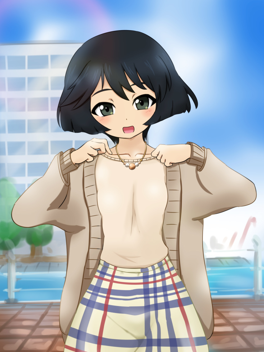 bangs black_eyes black_hair blue_skirt blue_sky blurry blurry_background brown_jacket casual cloud cloudy_sky cowboy_shot day fechisupi girls_und_panzer head_tilt highres jacket jewelry long_sleeves looking_at_viewer medium_skirt multicolored multicolored_clothes multicolored_skirt necklace open_mouth outdoors plaid plaid_skirt shirt short_hair skirt sky smile solo standing utsugi_yuuki white_shirt yellow_skirt