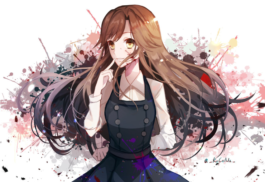 arashio_(kantai_collection) blood blood_on_face blood_splatter bloody_clothes brown_eyes brown_hair dress highres kantai_collection kocona long_hair long_sleeves pinafore_dress purple_blood remodel_(kantai_collection) school_uniform shirt smile solo upper_body white_shirt yellow_eyes