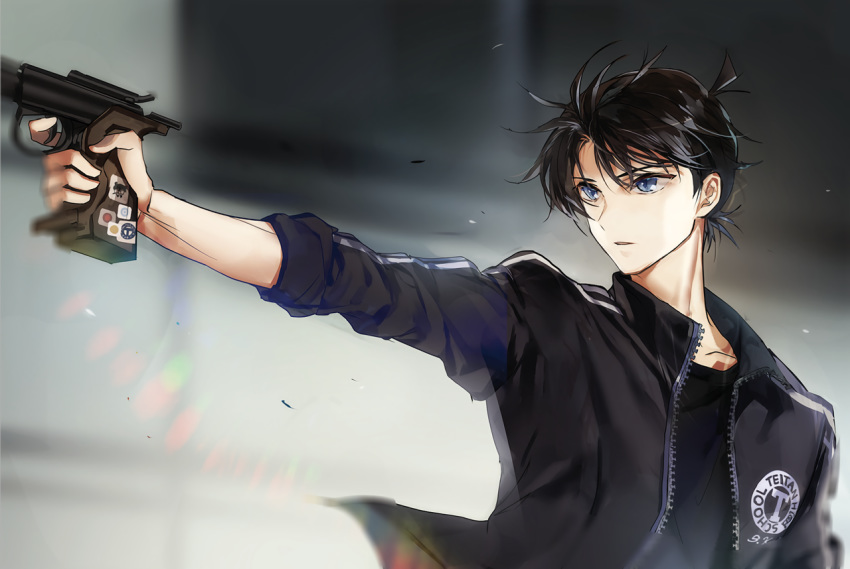 all_male black_hair blue_eyes detective_conan gun joypyonn kudou_shinichi male short_hair waifu2x weapon