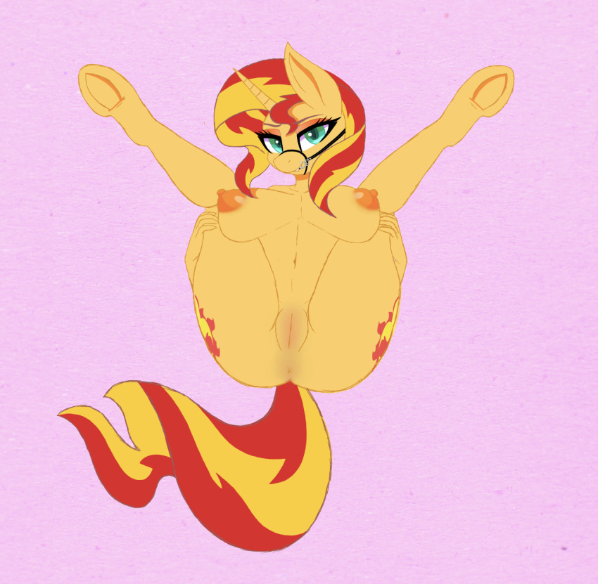 anthro anthrofied anus big_breasts breasts bridle cocaine-leopard equine eyeshadow female hooves horse looking_at_viewer lying makeup mammal my_little_pony nude on_back pony pussy solo spread_legs spreading sunset_shimmer_(eg)