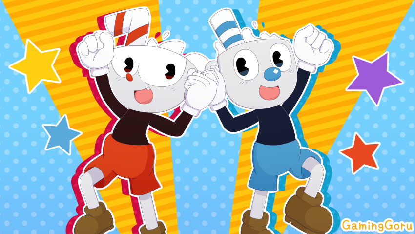 2018 absurd_res animate_inanimate black_body clothed clothing colorful colorful_background cup cuphead_(character) cuphead_(game) cute dotted_background duo footwear gaminggoru gloves hi_res humanoid jumping liquid male mugman not_furry object_head pattern_background red_nose shoes shorts sibling signature simple_background smile star straw topless video_games white_gloves young