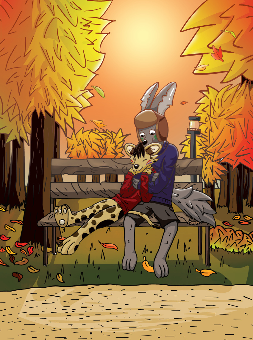 &lt;3 2018 3_fingers anthro autumn bench bluu001 bush_(disambiguation) canine cheetah clothed clothing cuddling cute dark_hair detailed_background digital_media_(artwork) duo fall_(disambiguation) feline forest fox fur grass grey_fur hair hat hi_res hoodie hug invalid_color jazzthecheetah lamp leaves love lying male male/male mammal on_bench outside park path relationship smile stefanthefox sun tree ushanka wholesome wooden_bench yellow_fur