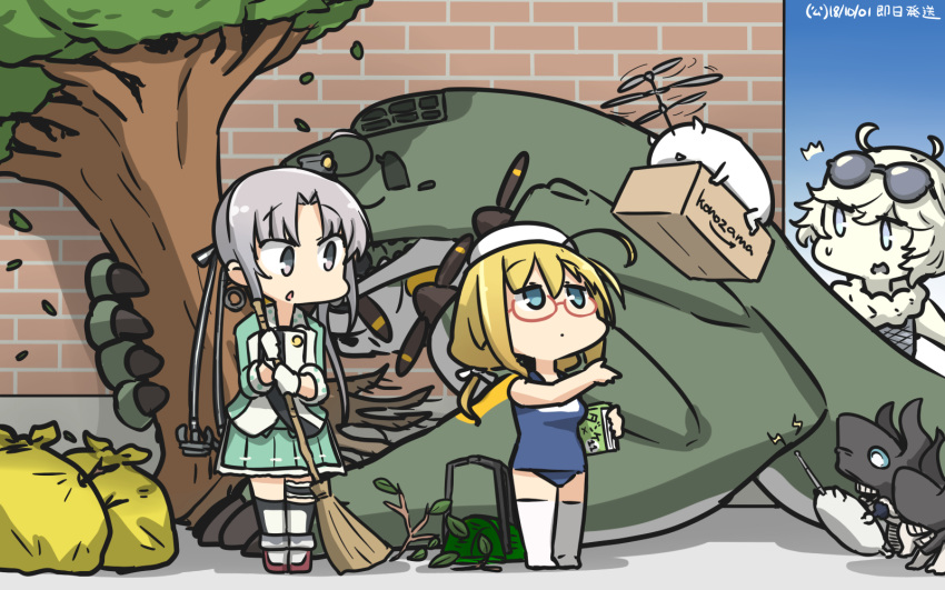 3girls ahoge akitsushima_(kantai_collection) amazon_(company) anchor blonde_hair brand_name_imitation brick_wall commentary_request dated enemy_lifebuoy_(kantai_collection) eyewear_on_head full_body glasses green_eyes green_skirt grey_hair hair_ornament hair_ribbon hamu_koutarou hat highres i-8_(kantai_collection) kantai_collection long_hair low_twintails military military_uniform mini_hat multiple_girls name_tag nishikitaitei-chan one-piece_swimsuit peaked_cap pleated_skirt propeller pt_imp_group purple_eyes red-framed_eyewear ribbon school_swimsuit semi-rimless_eyewear shinkaisei-kan side_ponytail sidelocks skirt standing sunglasses supply_depot_hime swimsuit thighhighs trash_bag tree twintails under-rim_eyewear uniform white_legwear