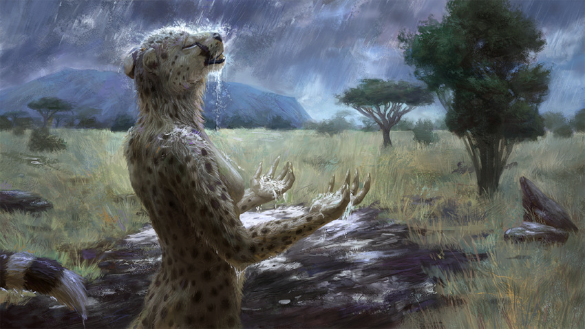 5_fingers anthro breasts cheetah claws detailed_background feline female mammal nude outside raining side_boob solo spectrumshift