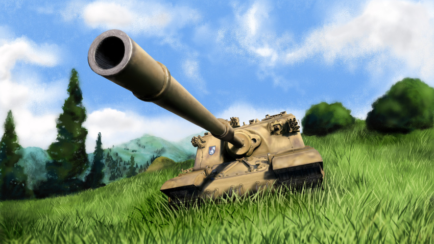 british caterpillar_tracks cloud commentary day emblem foreshortening girls_und_panzer grass ground_vehicle highres military military_vehicle motor_vehicle nm_(591795475) sky st._gloriana's_(emblem) tank tortoise_(tank) tree