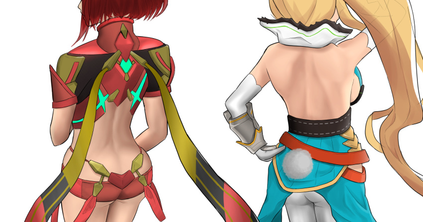 2girls artist_request ass back backboob backless_outfit bare_shoulders blonde_hair breasts crossover cygames dragalia_lost elbow_gloves elphylis_(dragalia_lost) from_behind gloves homura_(xenoblade_2) large_breasts long_hair multiple_girls nintendo pants red_hair scarf short_hair short_shorts shorts side_ponytail very_long_hair xeno_(series) xenoblade xenoblade_(series) xenoblade_2