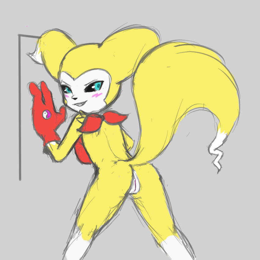 black_sclera blue_eyes butt digimon female homekeys hybrid impmon presenting presenting_hindquarters pussy renamon renimpmon simple_background solo