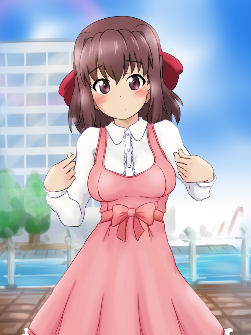 bangs blue_sky blurry blurry_background blush bow brown_eyes brown_hair casual cowboy_shot day dress dress_shirt eyebrows_visible_through_hair fechisupi girls_und_panzer headband highres kondou_taeko light_smile long_sleeves looking_at_viewer medium_dress medium_hair outdoors pinafore_dress pink_bow pink_dress red_headband shirt sky solo standing sweatdrop white_shirt wing_collar