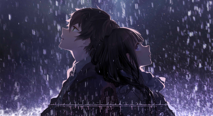 1girl back-to-back bangs black_hair blue_eyes brown_hair chitanda_eru cici commentary_request green_eyes hair_between_eyes highres hyouka jacket long_hair looking_back looking_up open_clothes open_jacket open_mouth oreki_houtarou profile rain shirt short_hair upper_body water_drop