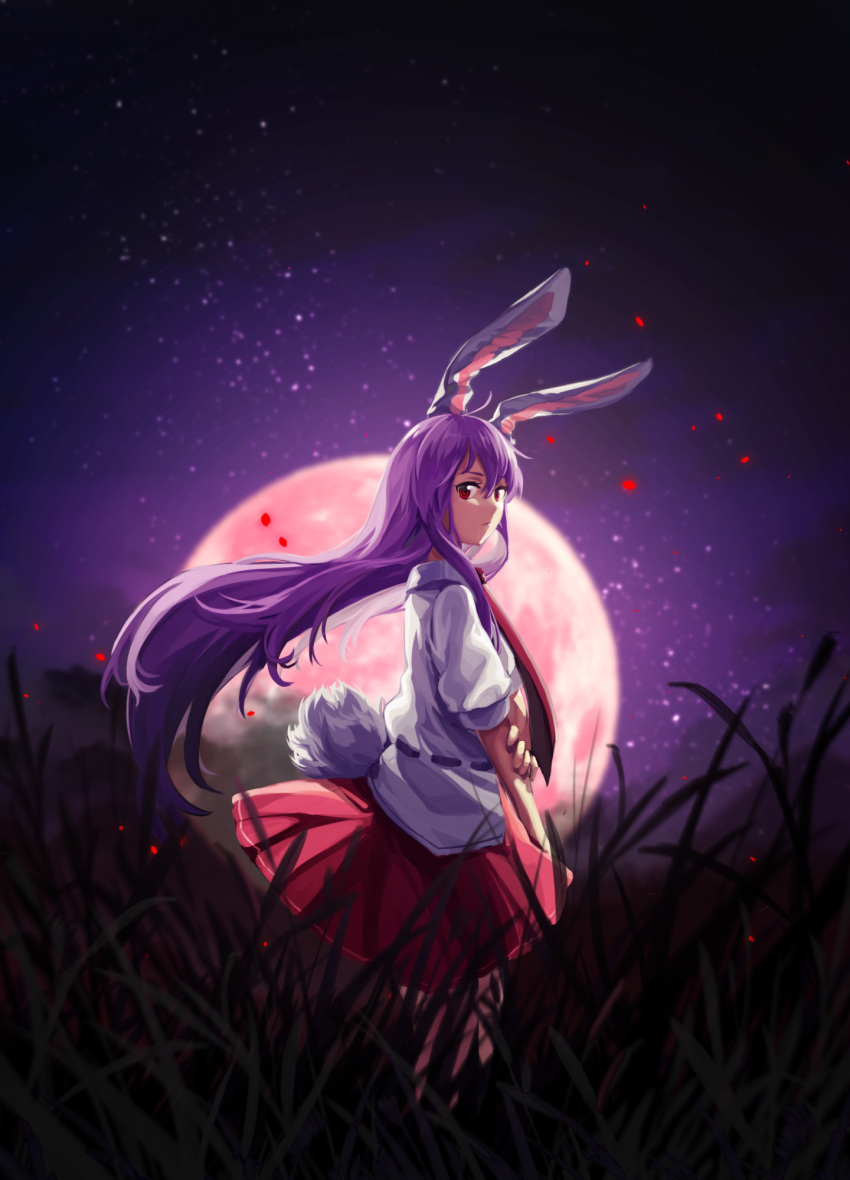 animal_ears bunny_ears bunny_tail floating_hair from_side full_moon furahata_gen hair_between_eyes highres long_hair looking_at_viewer moon night outdoors petals pleated_skirt purple_hair red_eyes red_skirt reisen_udongein_inaba shirt skirt sky solo standing star_(sky) starry_sky tail touhou very_long_hair white_shirt