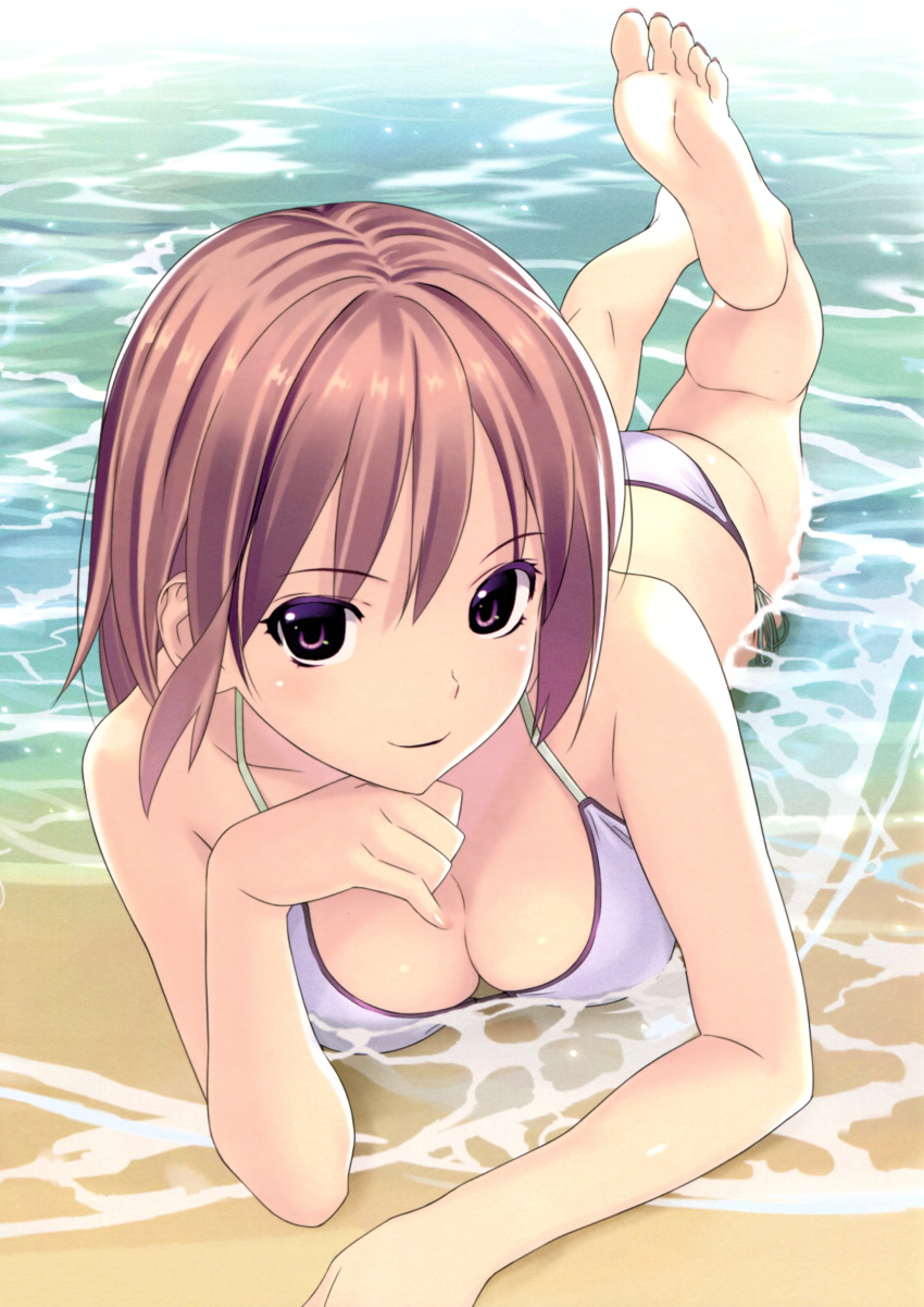 absurdres bangs bare_shoulders barefoot beach bikini breasts brown_hair chin_rest cleavage day eyebrows_visible_through_hair feet hand_on_own_chin highres koutaro looking_at_viewer lying medium_breasts on_stomach original outdoors purple_eyes scan shiny shiny_hair shiny_skin side-tie_bikini sidelocks smile solo swimsuit the_pose toes water