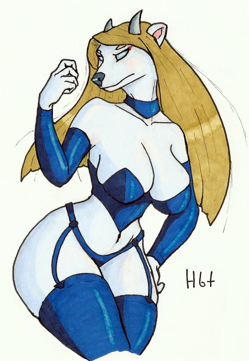 anthro bare_shoulders bear big_breasts big_butt big_thighs blonde_hair blush breasts butt clothed clothing female fully_clothed garter_belt garter_straps gloves haibet hair horn humanoid_hands legwear lingerie long_hair mammal open_shoulders polar_bear simple_background solo standing stockings thicc_hips thick_thighs traditional_media(artwork) wide_hips