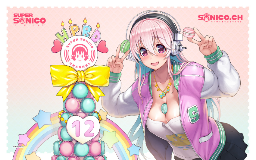 black_skirt blush breasts camisole cleavage doughnut food food_between_breasts headphones highres jacket large_breasts letterman_jacket long_hair looking_at_viewer macaron miniskirt nitroplus official_art open_mouth pink_eyes pink_hair pink_jacket pleated_skirt shirt skirt smile solo super_sonico t-shirt tsuji_santa virtual_youtuber wallpaper white_jacket