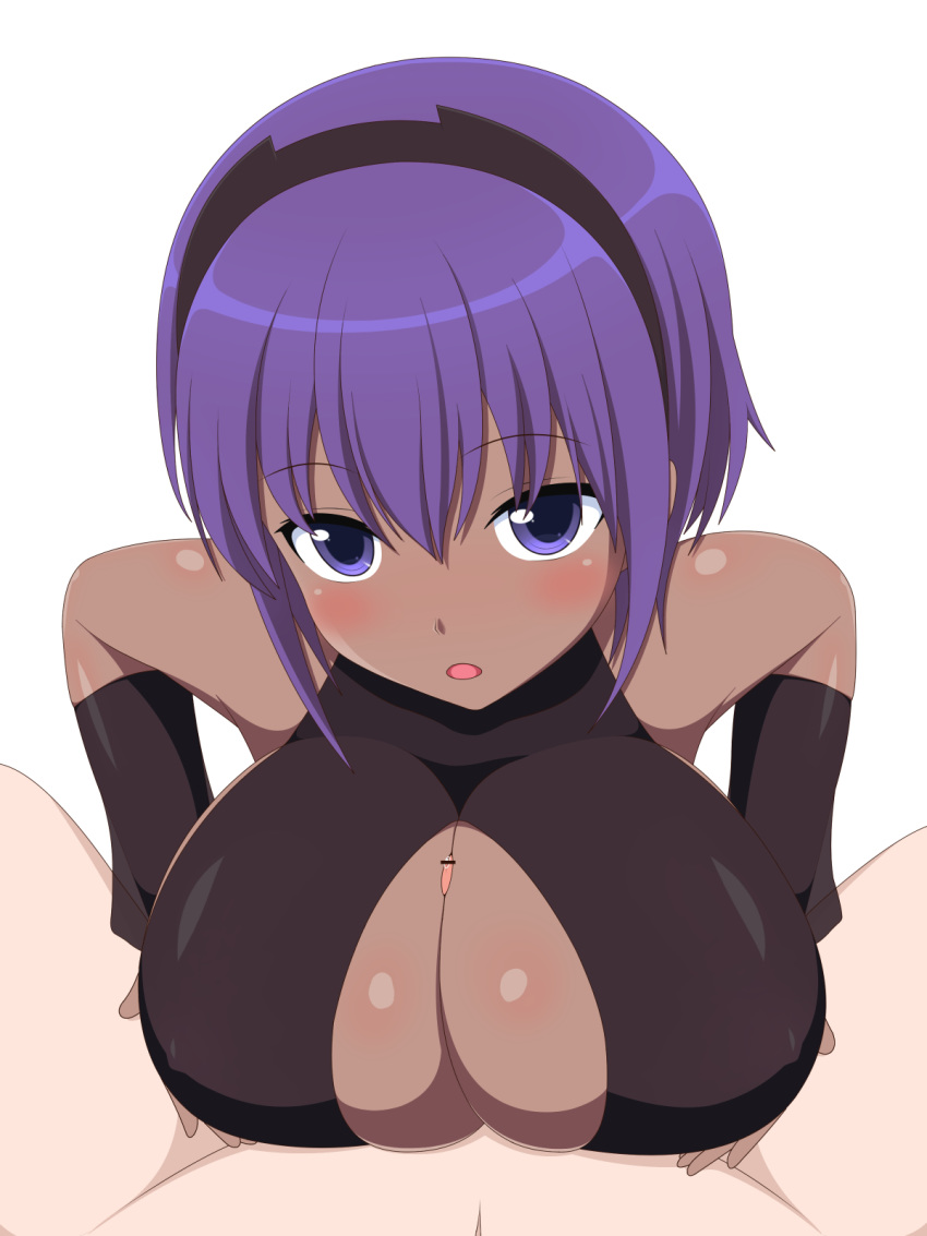 1boy 1girl black_leotard breasts censored dark_skin fate/grand_order fate/prototype fate/prototype:_fragments_of_blue_and_silver fate_(series) hassan_of_serenity_(fate) headband huge_breasts leotard looking_at_viewer open_mouth paizuri penis purple_hair skin_tight solo