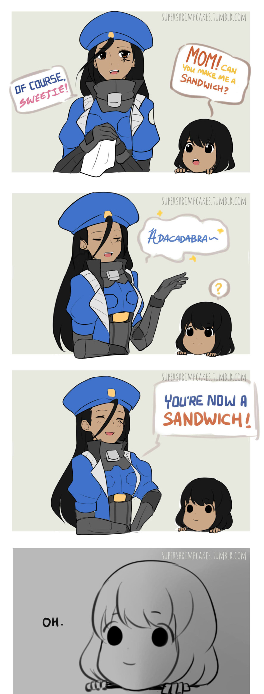 4koma absurdres ahoge alternate_hair_length alternate_hairstyle ana_(overwatch) beret black_eyes black_hair brown_eyes captain_amari child comic dark_skin english eye_of_horus facial_tattoo hat highres huge_ahoge long_hair military military_uniform mother_and_daughter multiple_girls overwatch pharah_(overwatch) short_hair smile supershrimpcakes tattoo uniform watermark web_address younger