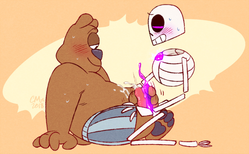 2018 animated_skeleton anthro bear belly blush bone boxers_(clothing) brandon_(ok_k.o.!_let's_be_heroes) brown_fur clothing cum duo erection frottage fur humanoid_hands male male/male mammal ok_k.o.!_let's_be_heroes overweight overweight_male penis risque_phantom sex sitting skeleton sweat undead underwear