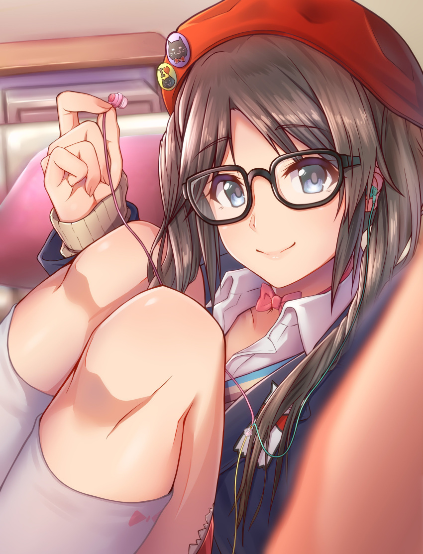 absurdres badge bangs beret black-framed_eyewear black_hair black_jacket blazer blue_eyes blurry bow bowtie button_badge collared_shirt commentary_request couch depth_of_field earphones eyebrows_visible_through_hair glasses hat hat_ornament highres idolmaster idolmaster_shiny_colors jacket keffiy kneehighs knees_to_chest knees_up legs_together long_hair long_sleeves looking_at_viewer mitsumine_yuika pink_neckwear reaching_out red_hat self_shot shirt single_earphone_removed skirt smile solo white_legwear white_shirt