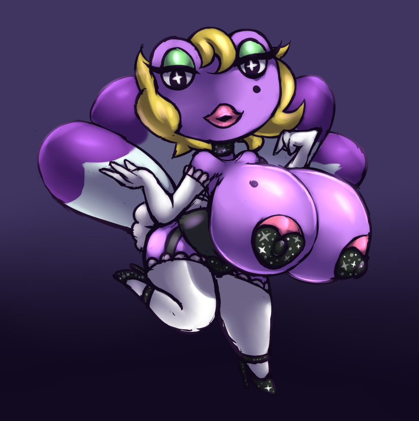 amphibian animal_crossing anthro beauty_mark big_breasts breasts clothed clothing female frog gigi_(animal_crossing) hair huge_breasts nintendo nipples solo topless video_games
