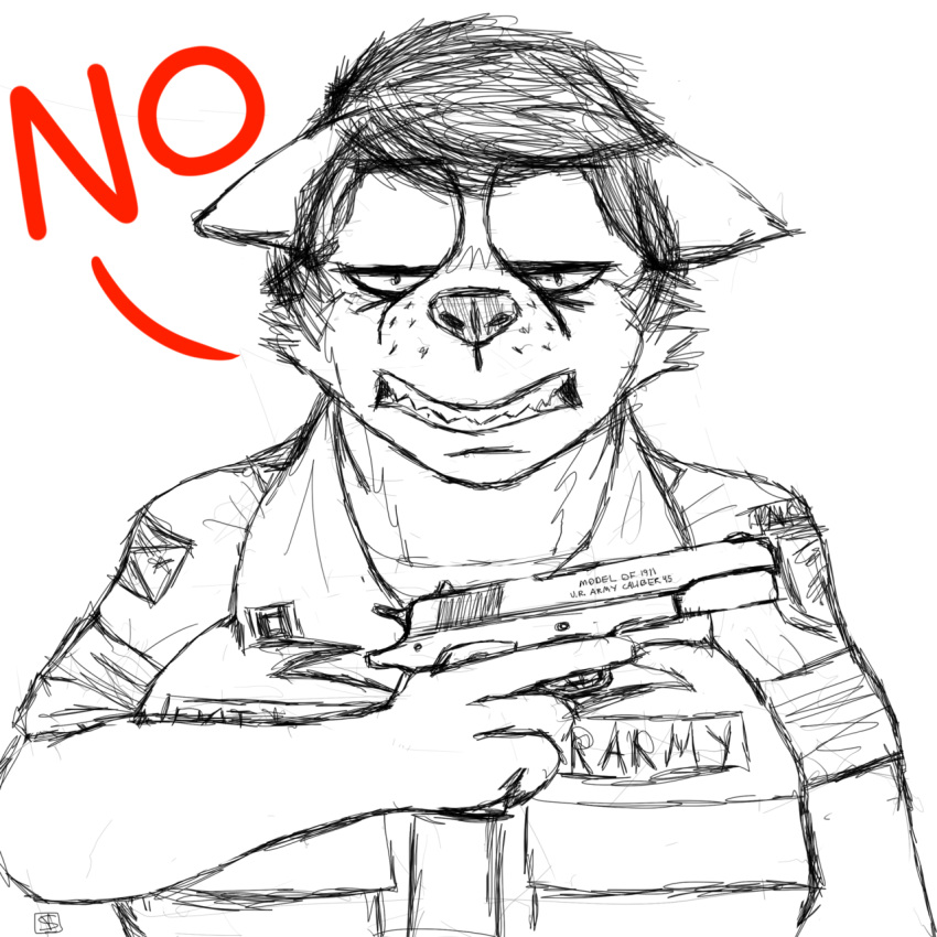2018 angry army black_and_white canine clothed clothing dialogue english_text female fox gun handgun humor mammal military monochrome peggy_patterson pistol ranged_weapon savagelyrandom simple_background soldier solo text tumblr_ask uniform weapon