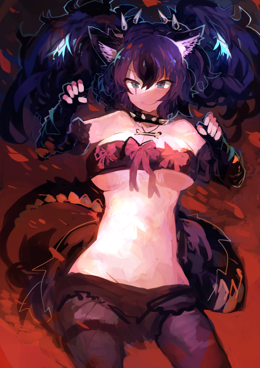 absurdres animal_ears bandeau black_hair blue_eyes bone bone_necklace bow breasts cerberus_(kemono_friends) collar dog_collar fingerless_gloves gloves highres jewelry kaamin_(mariarose753) kemono_friends large_breasts long_hair looking_at_viewer necklace no_navel red_bow revealing_clothes scar scar_across_eye smile strapless tail tubetop underboob