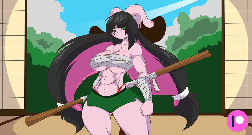 anthro bandage big_breasts big_ears black_hair bo_staff breasts chest_wraps clothed clothing digital_media_(artwork) facial_markings female floppy_ears fur green_eyes hair holding_object holding_weapon jazmin_usagi lagomorph long_ears long_hair looking_at_viewer mammal markings mastergodai melee_weapon multicolored_hair muscular muscular_female partially_clothed patreon pigtails pink_fur pink_hair rabbit rascals shorts standing thick_thighs two_tone_hair voluptuous weapon wide_hips wraps wrist_wraps