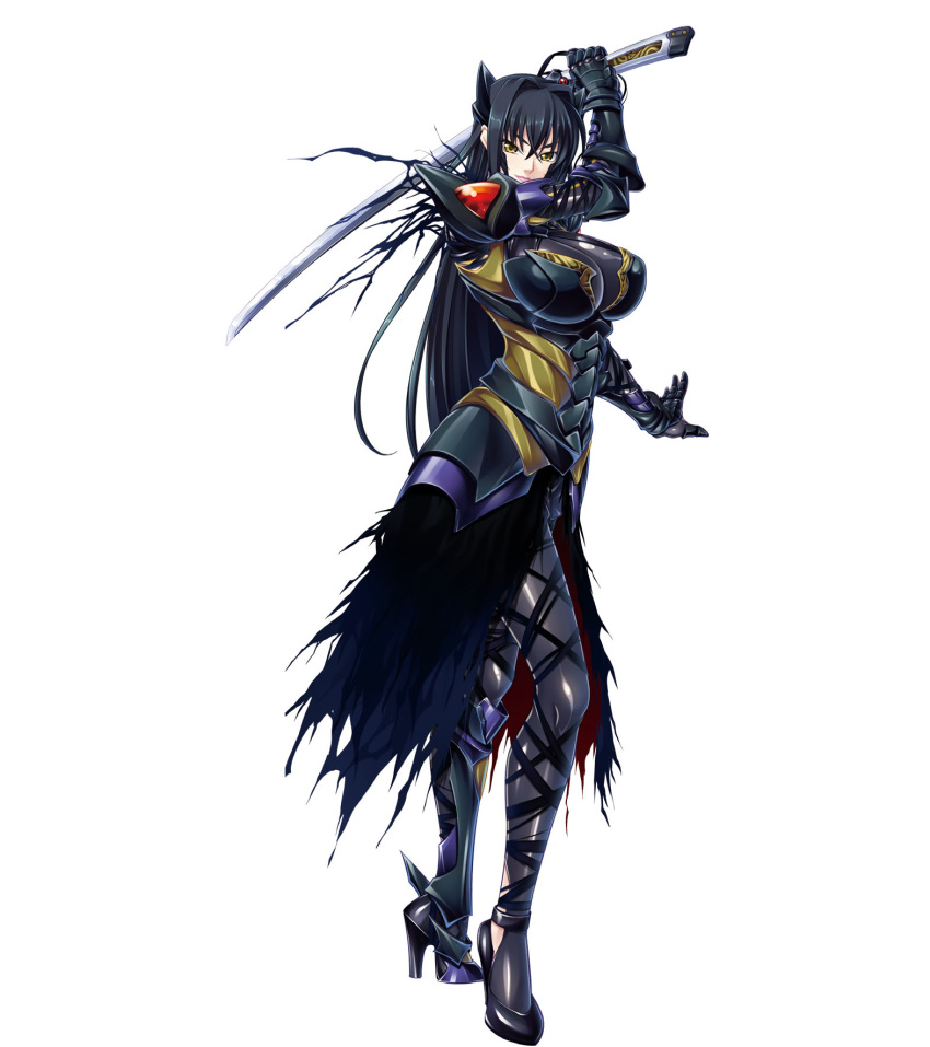 1girl annerose_vajra black_hair breasts erect_nipples full_body kagami_hirotaka katana koutetsu_no_majo_annerose koutetsu_no_majo_anneroze large_breasts legs lilith-soft long_hair looking_at_viewer sideboob smile solo standing sword weapon yellow_eyes