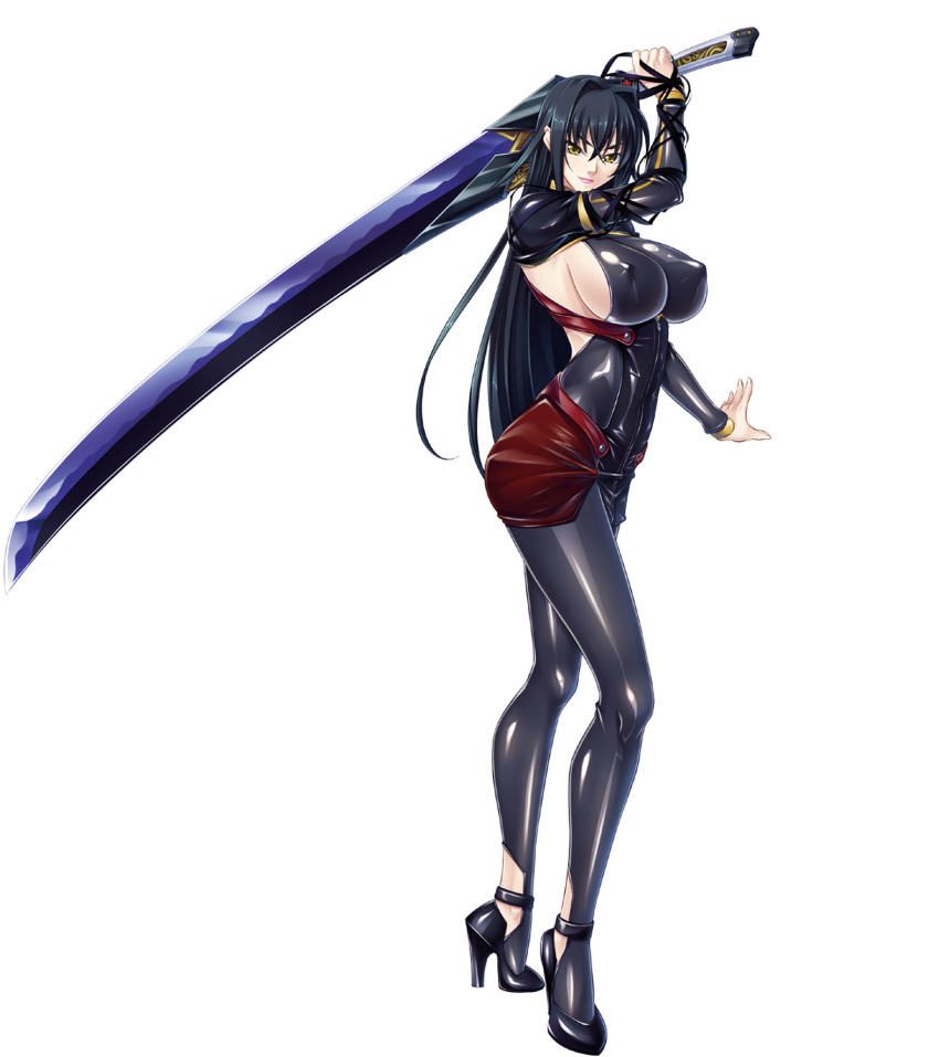 1girl annerose_vajra black_hair breasts erect_nipples full_body kagami_hirotaka katana koutetsu_no_majo_annerose koutetsu_no_majo_anneroze large_breasts legs lilith-soft long_hair looking_at_viewer sideboob smile solo standing sword weapon yellow_eyes