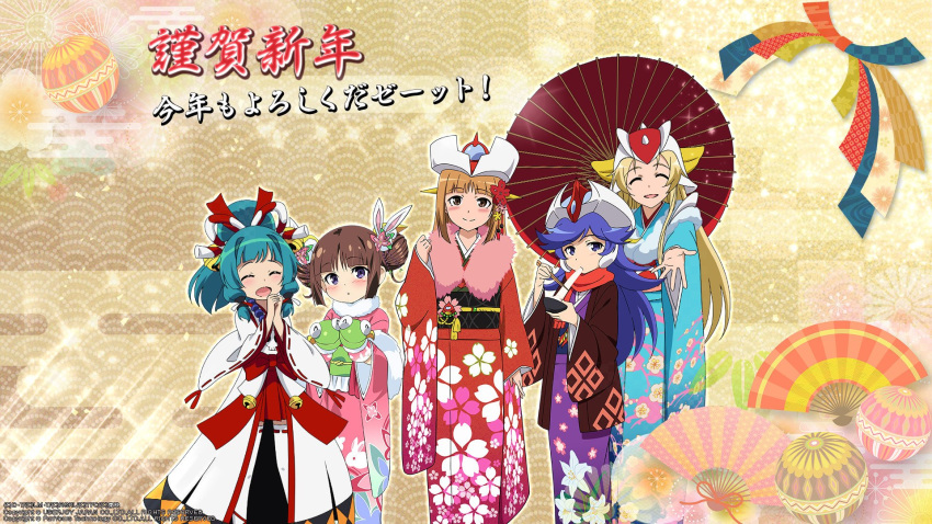 5girls blonde_hair blue_eyes blush braid breasts brown_hair character_request dated doublas_m2 dress female gre-chan grenda-san happy happy_new_year hat helmet japanese_clothes kimono long_hair looking_at_viewer multiple_girls new_year purple_hair red_eyes robot_girls_z shiny smile solo team translation_request twin_braids z-chan