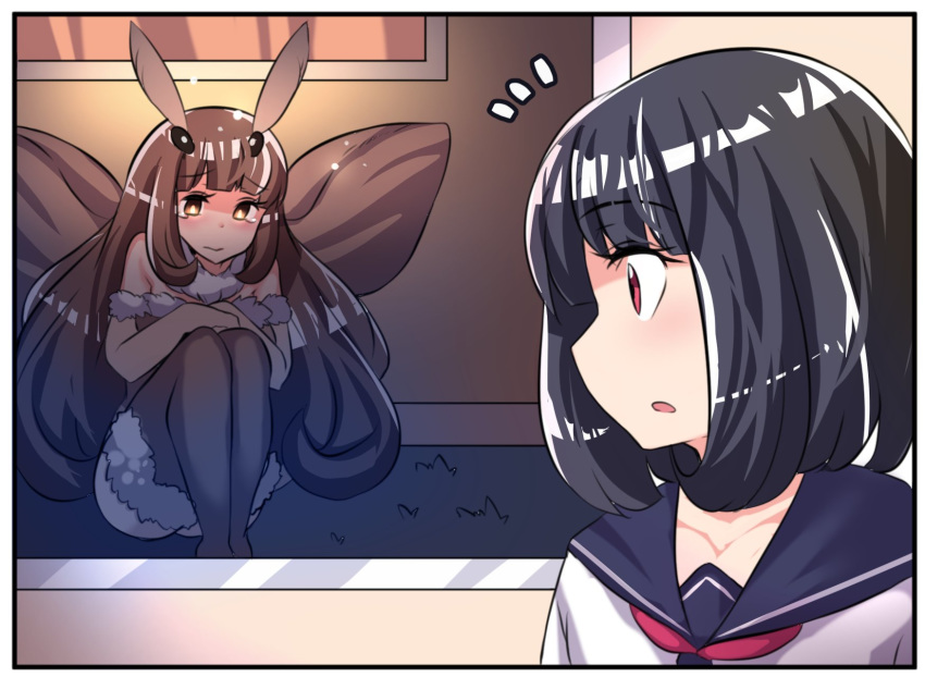 antennae black_hair blush brown_eyes brown_gloves brown_hair bug comic elbow_gloves eyebrows_visible_through_hair full_body fur-trimmed_legwear fur_trim gloves glowing highres hinghoi indoors insect insect_girl knees_to_chest long_hair medium_hair moth moth_girl moth_wings multiple_girls original personification red_eyes red_neckwear sailor_collar school_uniform serafuku sitting tearing_up thighhighs upper_body very_long_hair window wings