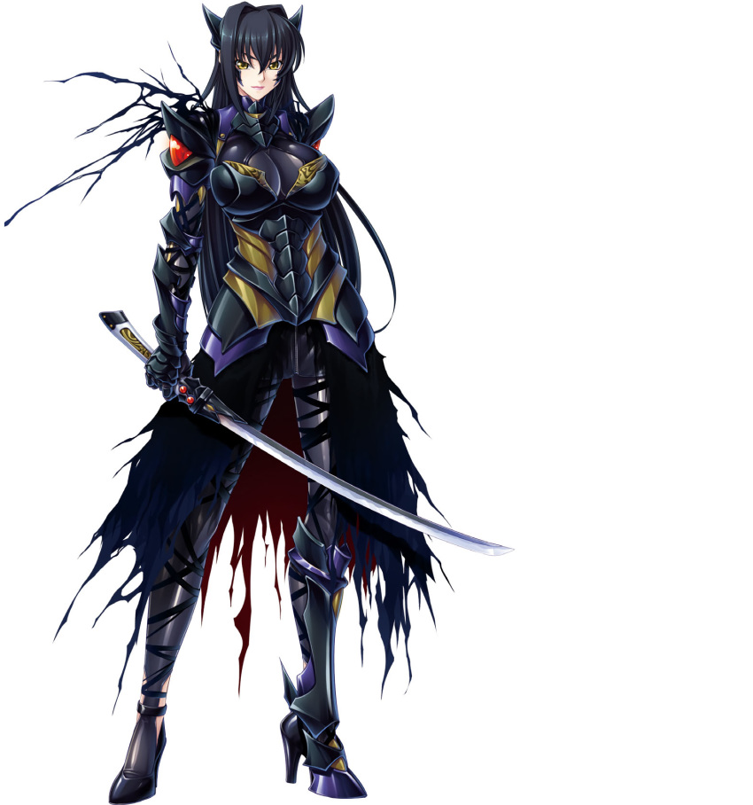 1girl annerose_vajra black_hair breasts erect_nipples full_body kagami_hirotaka katana koutetsu_no_majo_annerose koutetsu_no_majo_anneroze large_breasts legs lilith-soft long_hair looking_at_viewer sideboob smile solo standing sword weapon yellow_eyes