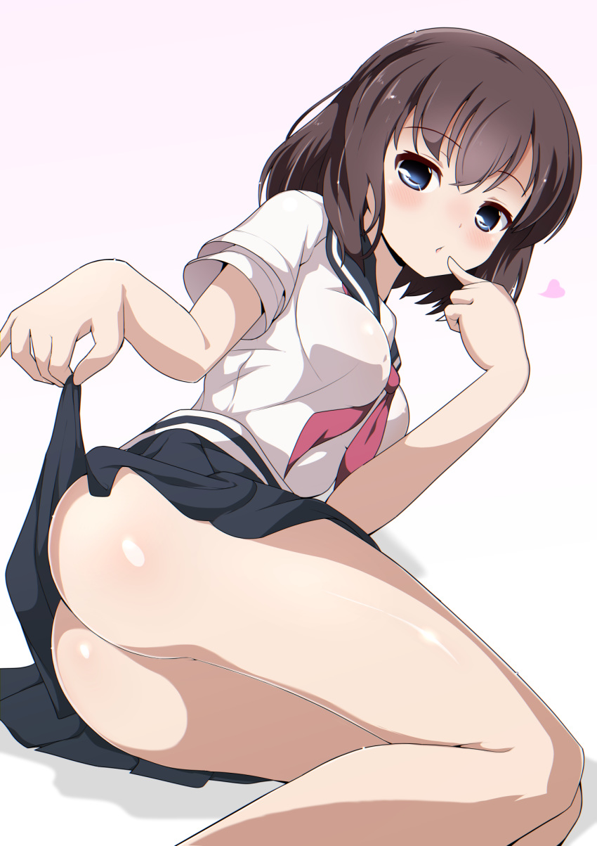 ass bangs black_sailor_collar black_skirt blue_eyes blush breasts brown_hair commentary_request eyebrows_visible_through_hair finger_to_mouth gradient gradient_background hair_between_eyes highres lifted_by_self long_hair medium_breasts neckerchief no_panties onjouji_toki parted_lips pink_background red_neckwear sailor_collar saki school_uniform serafuku shadow shirt short_sleeves skirt skirt_lift solo white_background white_shirt xiao_rui_rui