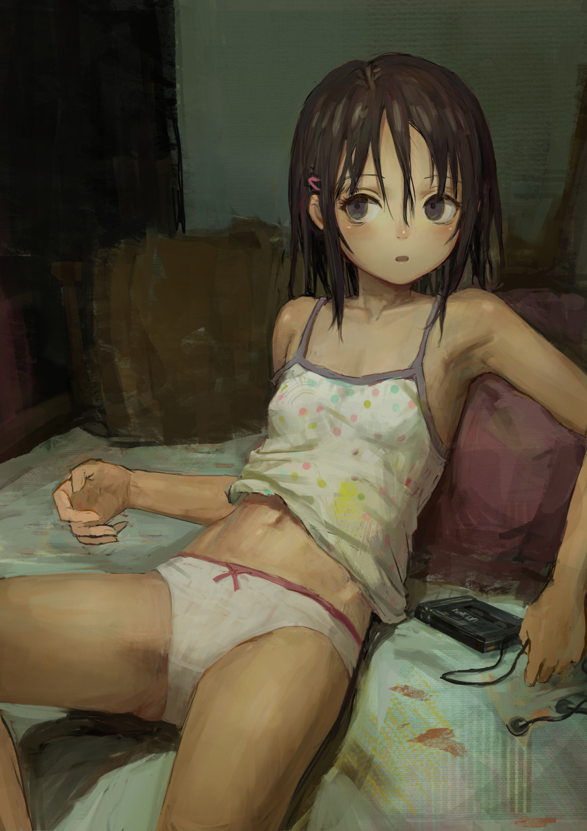 armpits bangs bow bow_panties breasts brown_hair camisole cassette_player earphones feet_out_of_frame grey_eyes groin hair_between_eyes hair_ornament hairclip highres indoors knee_up looking_at_viewer lying medium_hair navel on_back on_bed open_mouth original panties pillow polka_dot shion_(mirudakemann) small_breasts solo underwear underwear_only white_panties