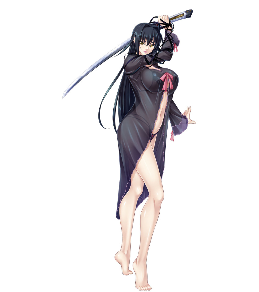 1girl annerose_vajra black_hair breasts erect_nipples full_body kagami_hirotaka katana koutetsu_no_majo_annerose koutetsu_no_majo_anneroze large_breasts legs lilith-soft long_hair looking_at_viewer sideboob smile solo standing sword weapon yellow_eyes