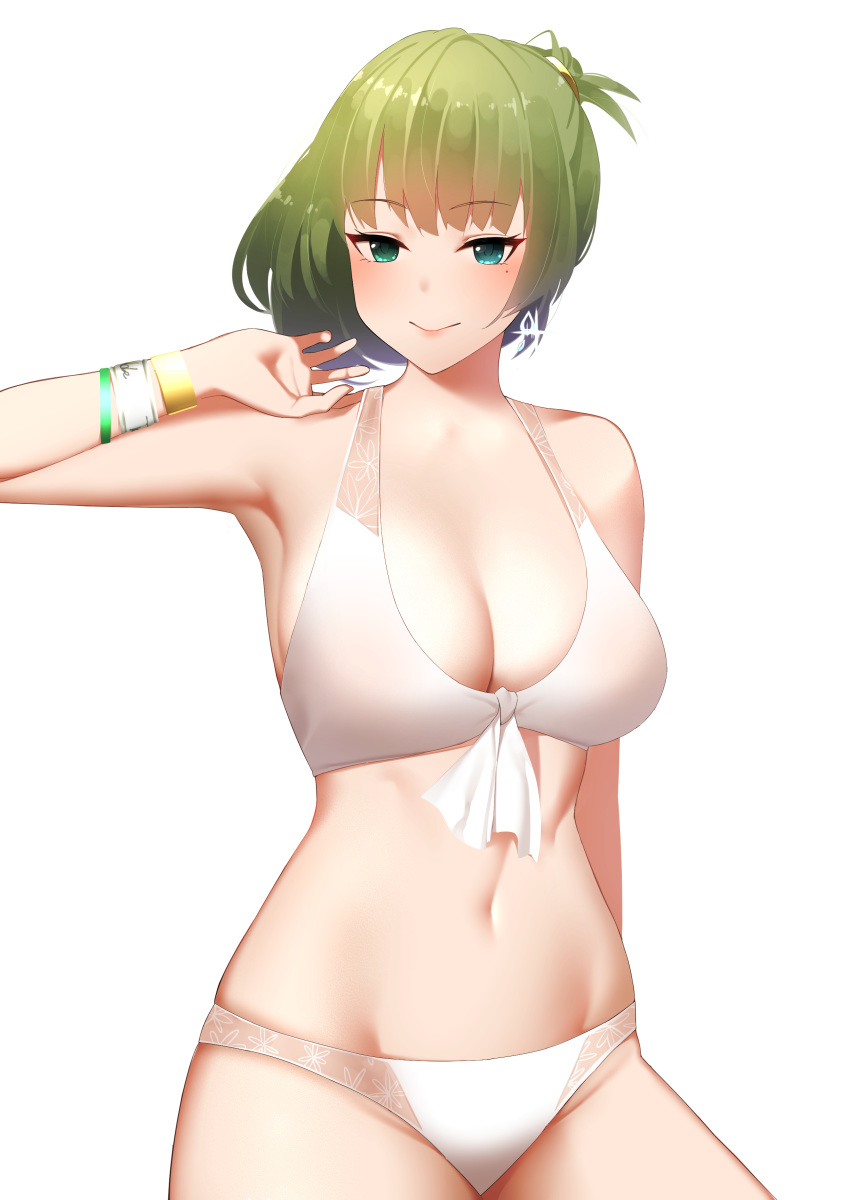 absurdres bangs bare_shoulders bikini blue_eyes blush bracelet breasts cleavage closed_mouth collarbone commentary_request earrings eyebrows_visible_through_hair green_eyes green_hair heterochromia highres hips idolmaster idolmaster_cinderella_girls jewelry large_breasts looking_at_viewer mole mole_under_eye navel senju_(snz0) short_hair short_ponytail simple_background smile solo swimsuit takagaki_kaede tied_hair white_background white_bikini