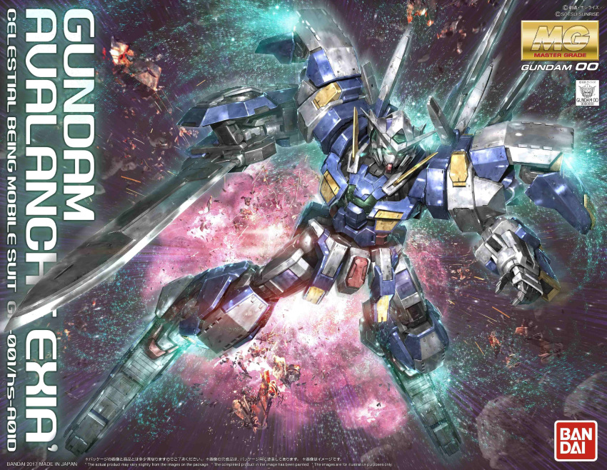 bandai box_art commentary_request explosion glowing glowing_eyes green_eyes gundam gundam_00 gundam_avalanche_exia gundam_exia gundam_msv highres holding holding_weapon jpeg_artifacts mecha no_humans official_art space sword weapon