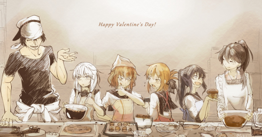 5girls :d admiral_(kantai_collection) akatsuki_(kantai_collection) apron cake chocolate chocolate_making closed_eyes cooking folded_ponytail food hair_ornament hairclip happy_valentine hibiki_(kantai_collection) houshou_(kantai_collection) ikazuchi_(kantai_collection) inazuma_(kantai_collection) kantai_collection kappougi mixing_bowl muffin multiple_girls open_mouth school_uniform serafuku smile to6_l valentine