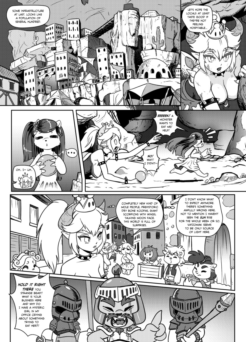 armor ball bangs bowsette breasts building city collar comic crown curly_hair earrings english fangs glasses greyscale helmet highres holding holding_ball holding_weapon jewelry left-to-right_manga long_hair mario_(series) md5_mismatch monochrome new_super_mario_bros._u_deluxe one_side_up pencils_(artist) polearm ponytail short_hair spear spiked_armlet spiked_collar spiked_shell spikes super_crown tail turtle_shell weapon